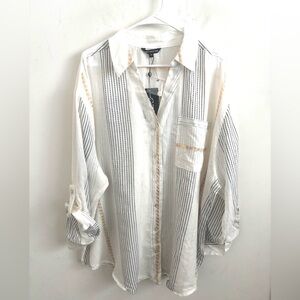 NWT Women’s White Striped Button Up Shirt 3XL Lightweight Semi-Sheer Minimalist